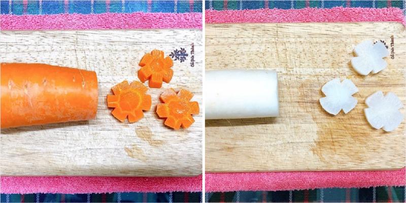 Rửa củ cải trắng, cà rốt rồi đem đi cắt lát