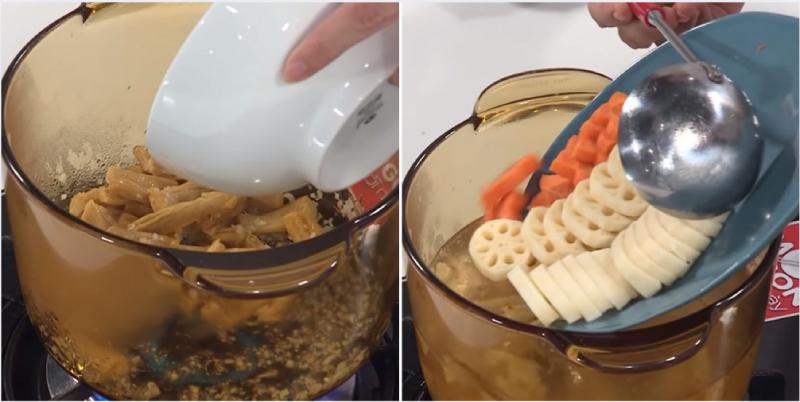 Công đoạn nấu canh rong biển củ sen chay