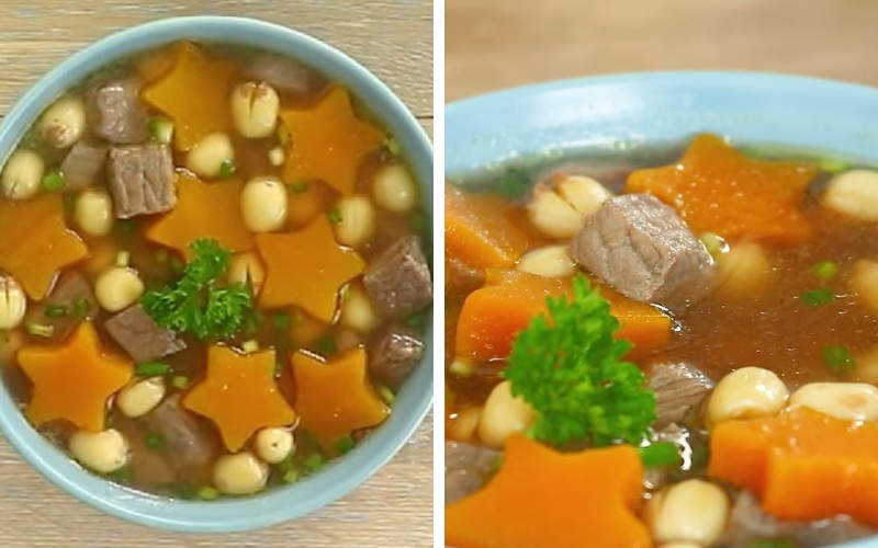 Thành phẩm món canh thịt bò bí đỏ hạt sen
