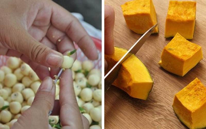 Công đoạn Sơ chế bí đỏ và hạt sen
