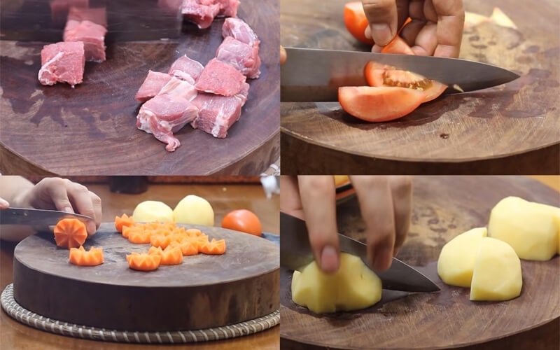  Gọt vỏ, rửa sạch cà rốt, khoai tây