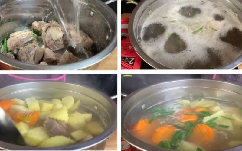 Khi xương bò đã mềm, cho cà rốt và khoai tây vào nồi hầm cùng.