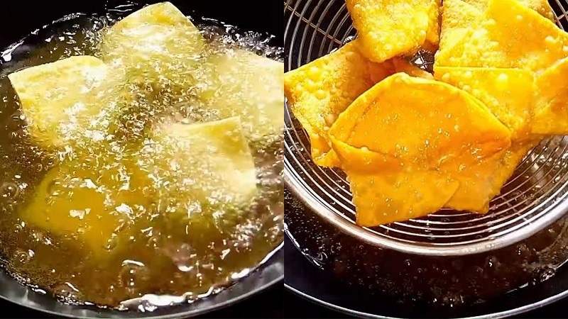Chiên hoành thánh chay trong nồi chiên ngập dầu