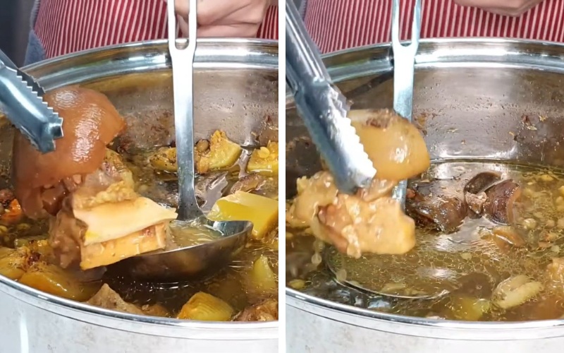 Dùng vá vớt từng miếng thịt bò và đu đủ ra đĩa riêng
