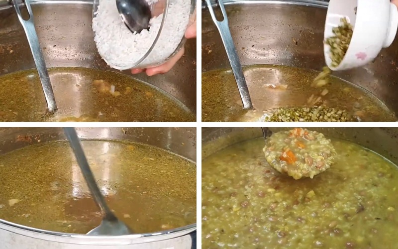 Thêm gạo và đậu xanh vào nồi đang hầm