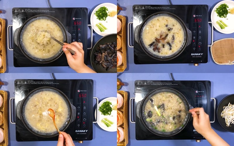 Công đoạn nấu cháo gà ác đậu xanh