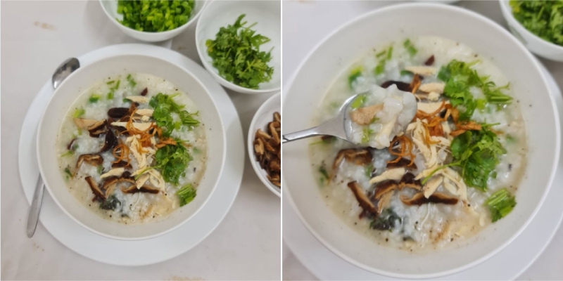 Tô cháo hoàn chỉnh có nấm, thịt gà, rau thơm và hành phi, thơm ngon và bổ dưỡng