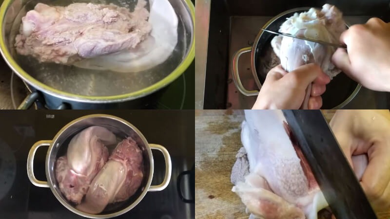 Luộc và làm sạch lưỡi heo trước khi nấu cháo.