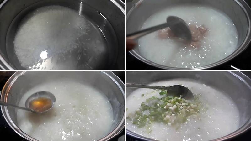 Tiến hành công đoạn nấu cháo óc heo hành lá
