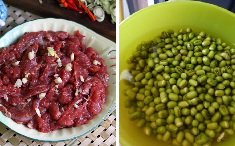 Công đoạn sơ chế thịt bò và đậu xanh