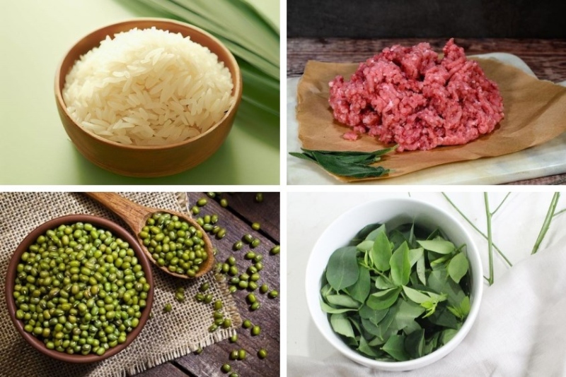 Nguyên liệu nấu cháo tim heo đậu xanh gồm gạo, thịt băm, đậu xanh và rau ngót