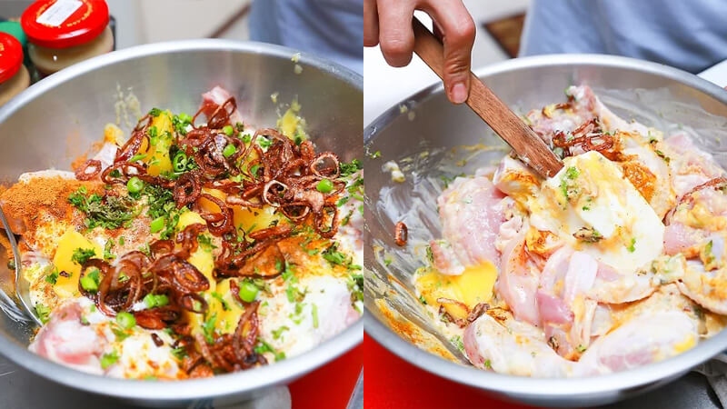Ướp gà với sữa, gia vị và hành phi cho thấm đều