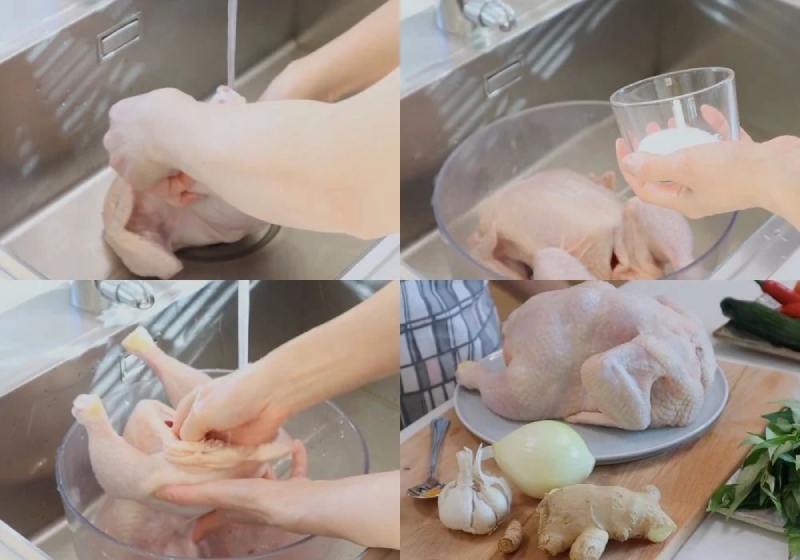  Làm sạch gà kỹ với muối và gừng để khử mùi hôi, chuẩn bị nguyên liệu luộc