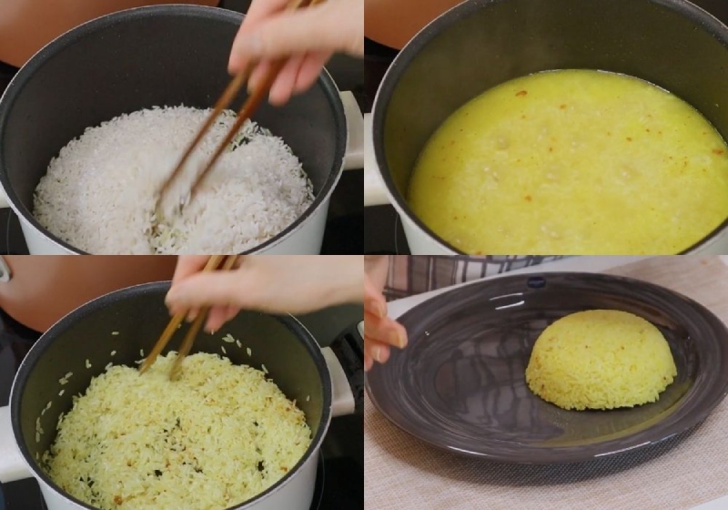 Dùng nước luộc gà để nấu cơm, thành phẩm vàng óng và dẻo ngon