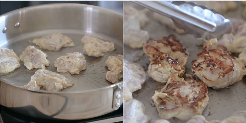  Cho gà vào áp chảo mỗi mặt khoảng 3 - 4 phút