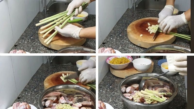 Sơ chế sả, tỏi và thêm vào giò heo để tẩm ướp