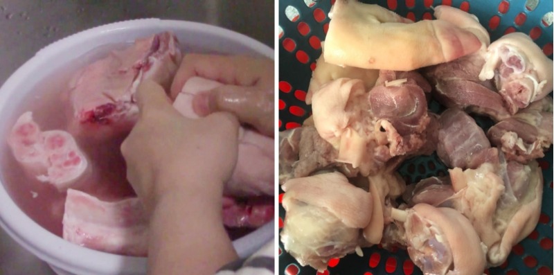 Sơ chế giò heo bằng cách rửa sạch và luộc sơ