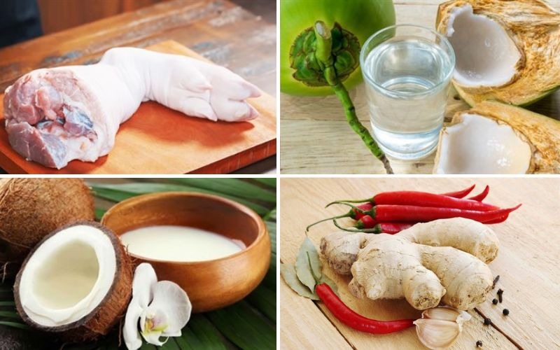 Nguyên liệu gồm giò heo, nước dừa tươi, nước cốt dừa, gừng, ớt, tỏi