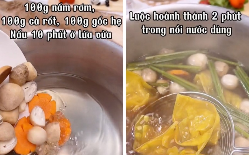 Đổ rau củ vào nồi và nấu nước dùng