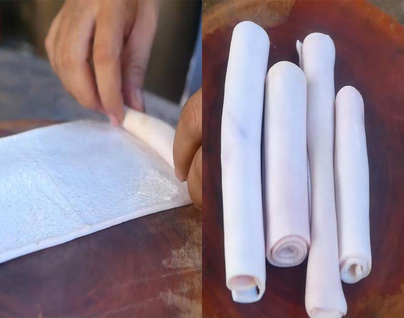 Lăn da heo thành cuộn sau khi sơ chế