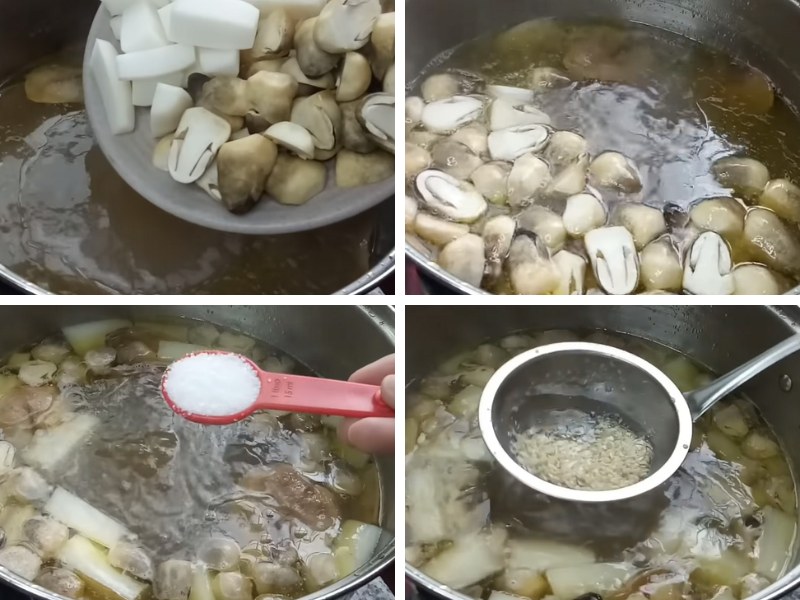 Công đoạn nấu nước dùng hủ tiếu gà nấm