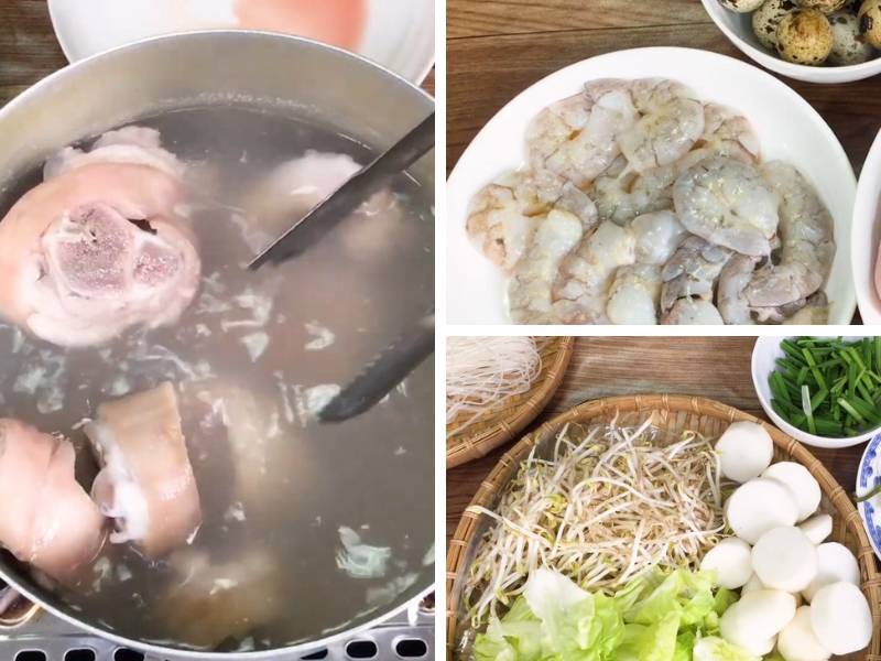  Chuẩn bị nguyên liệu giò heo, tôm, trứng cút