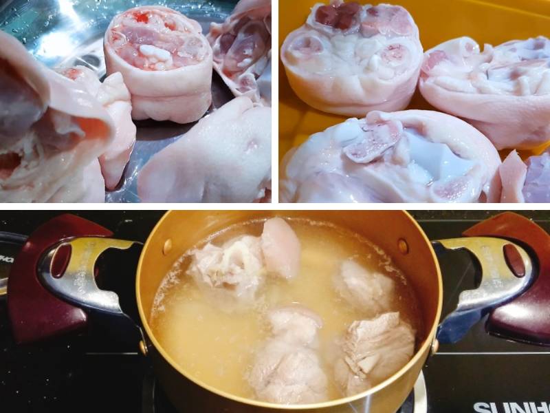 Giò heo rửa với nước muối và luộc qua nước sôi