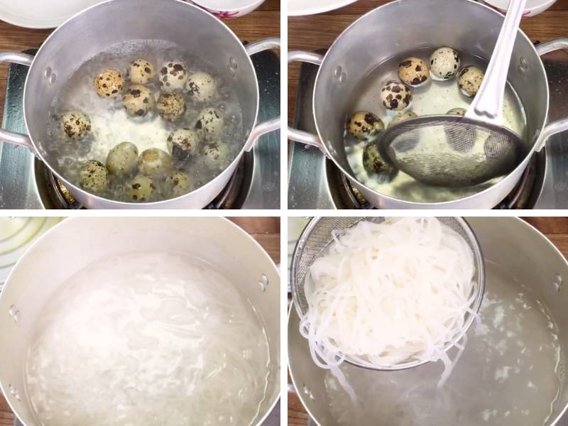 Tiến hành luộc trứng cút và trụng hủ tiếu