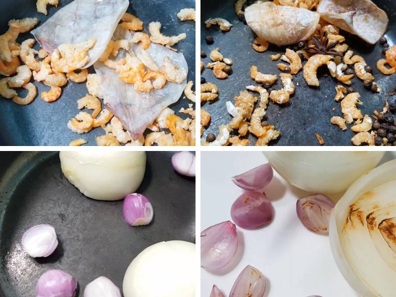 Công đoạn rang các gia vị nấu nước dùng\