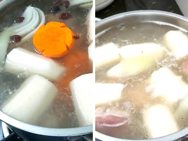 Tiến hành nấu nước dùng cho hủ tiếu giò heo