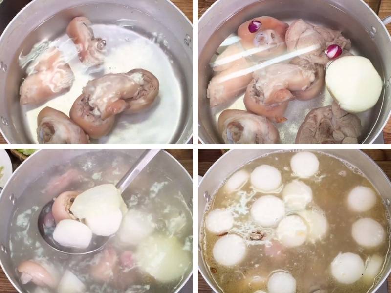 Tiến hành nấu nước dùng giò heo và rau củ