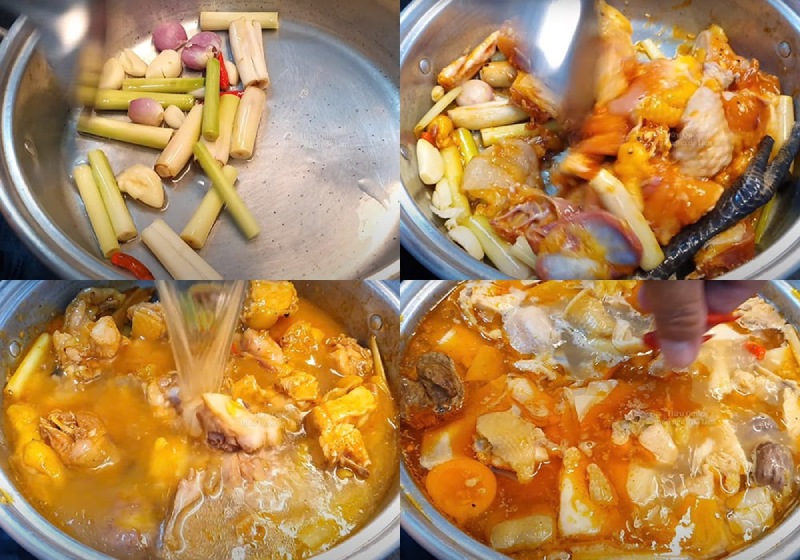 Trình tự nấu lẩu: Phi thơm sả, tỏi, ớt, cho gà vào xào săn, thêm gia vị và nước vào đun