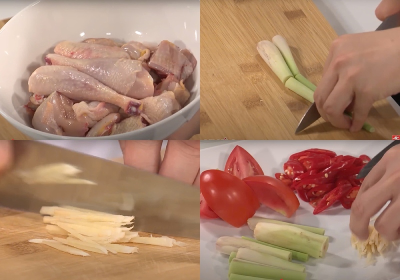 Chuẩn bị nguyên liệu: gà, sả, gừng, cà chua, ớt đỏ tươi