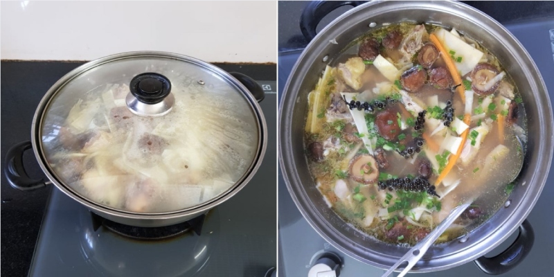 Nấu lẩu với gà, măng, tiêu, nấm, nước dùng đậm vị