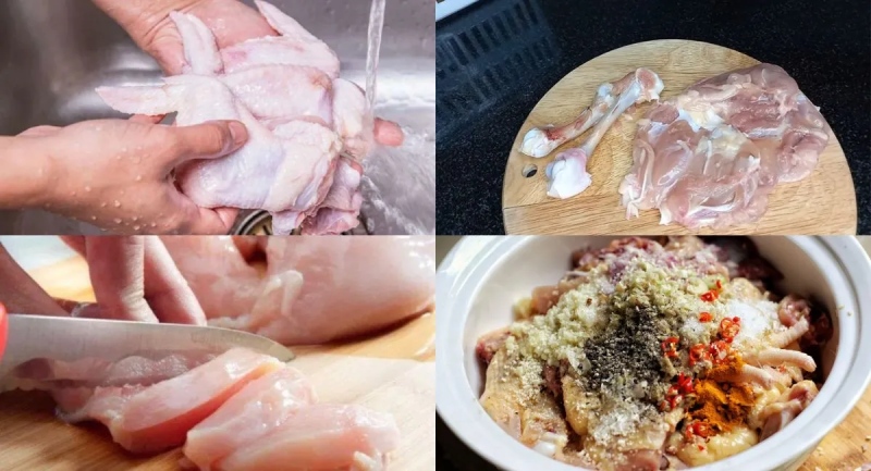 rửa và làm sạch thịt gà dưới vòi nước chảy