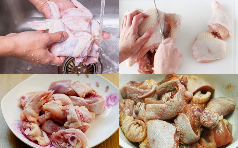  Gà được chặt thành từng miếng nhỏ và đang được ướp gia vị