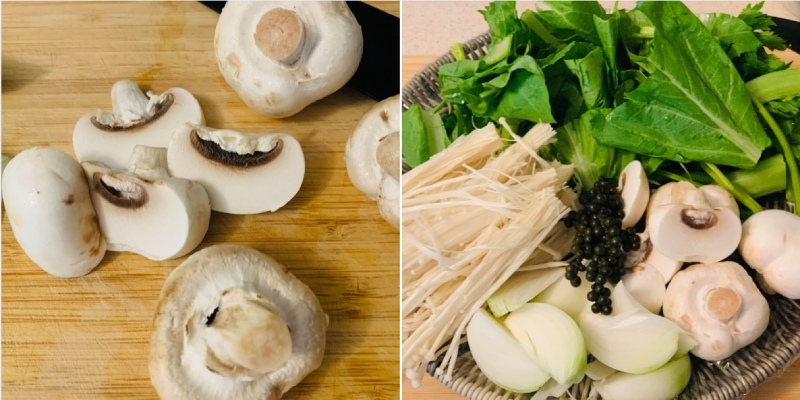 Sơ chế nấm và rau ăn kèm, tiêu xanh, hành tây và rau nhúng