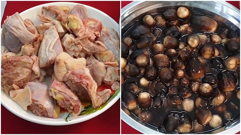 Gà sống chặt miếng và nấm rơm được ngâm nước