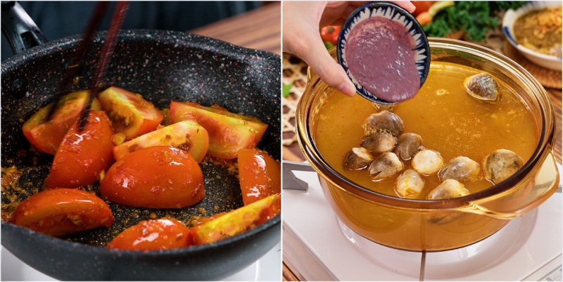 Tiến hành nấu nước lẩu riêu cua