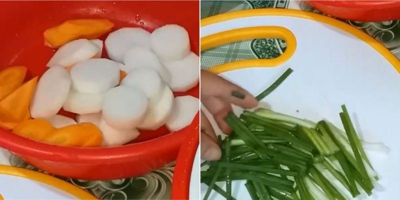 Củ cải, cà rốt và hành lá cắt sẵn để nấu lẩu