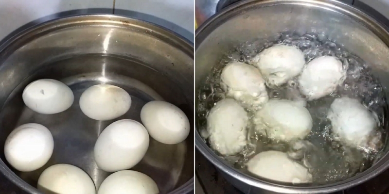 Luộc trứng vịt trong nồi nước sôi