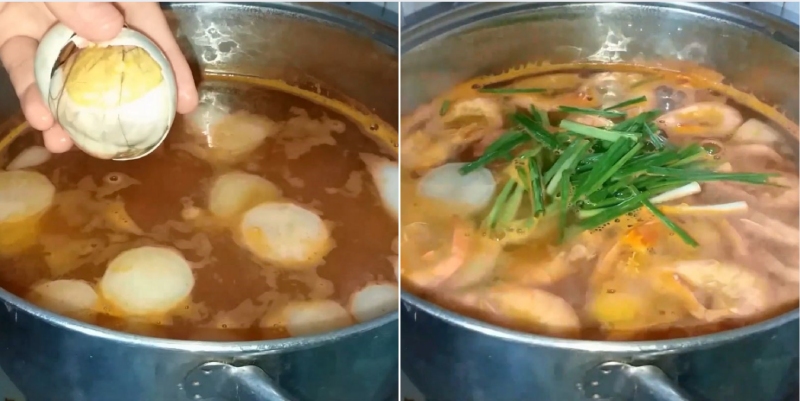 Cho trứng vịt lộn và rau vào nồi nước lẩu đang sôi