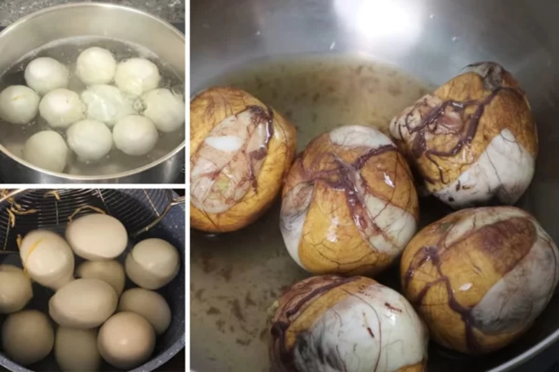 Luộc và bóc vỏ trứng vịt lộn đã chín