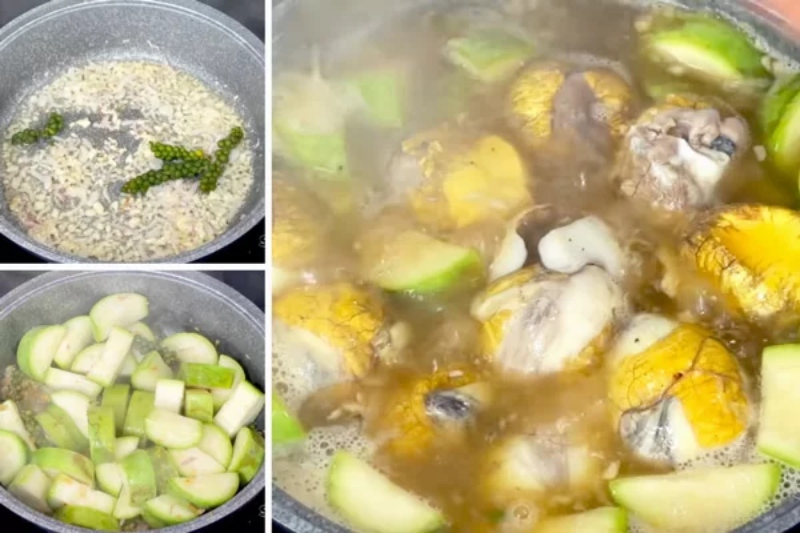 Phi hành tỏi rồi cho bầu và trứng vào nấu