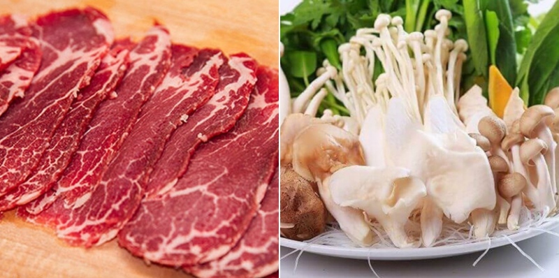 Thịt bò thái lát mỏng và các loại nấm tươi ăn kèm lẩu