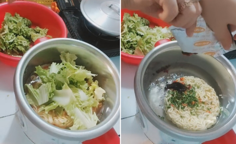 Thêm rau, nêm nếm gia vị cho nồi mì