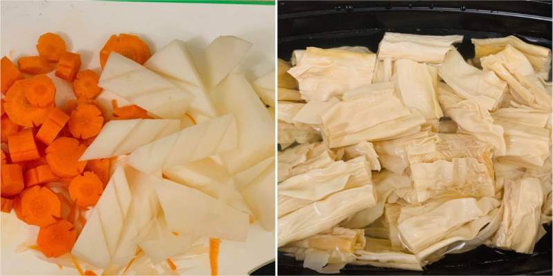 Công đoạn sơ chế tàu hũ ky và rau củ