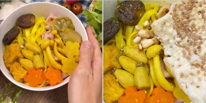 Thành phẩm món mì quảng chay nấu với nấm