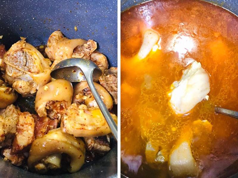 Công đoạn nấu nước dùng cho mì quảng giò heo