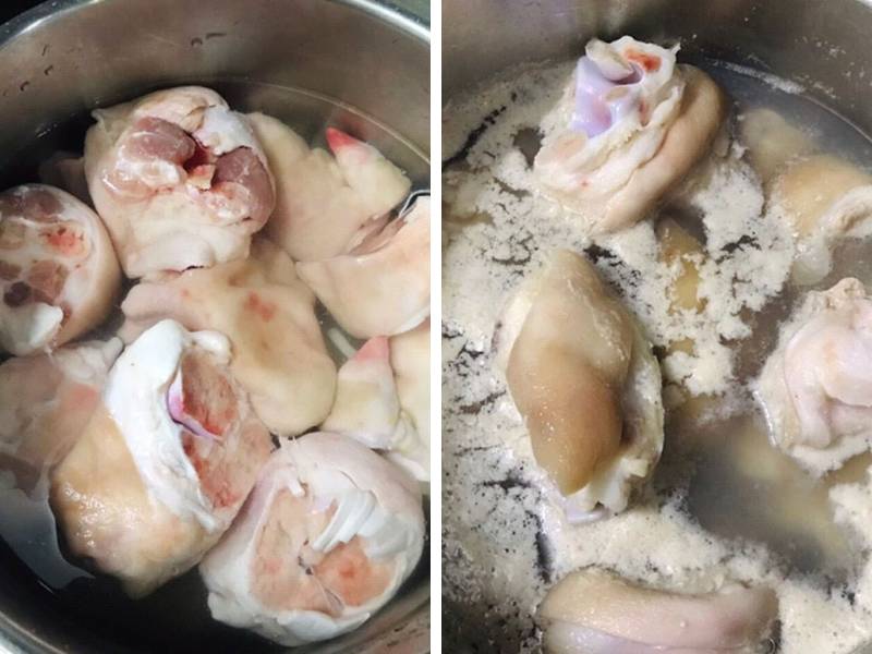 Tiến hành luộc giò heo để khử mùi và làm sạch